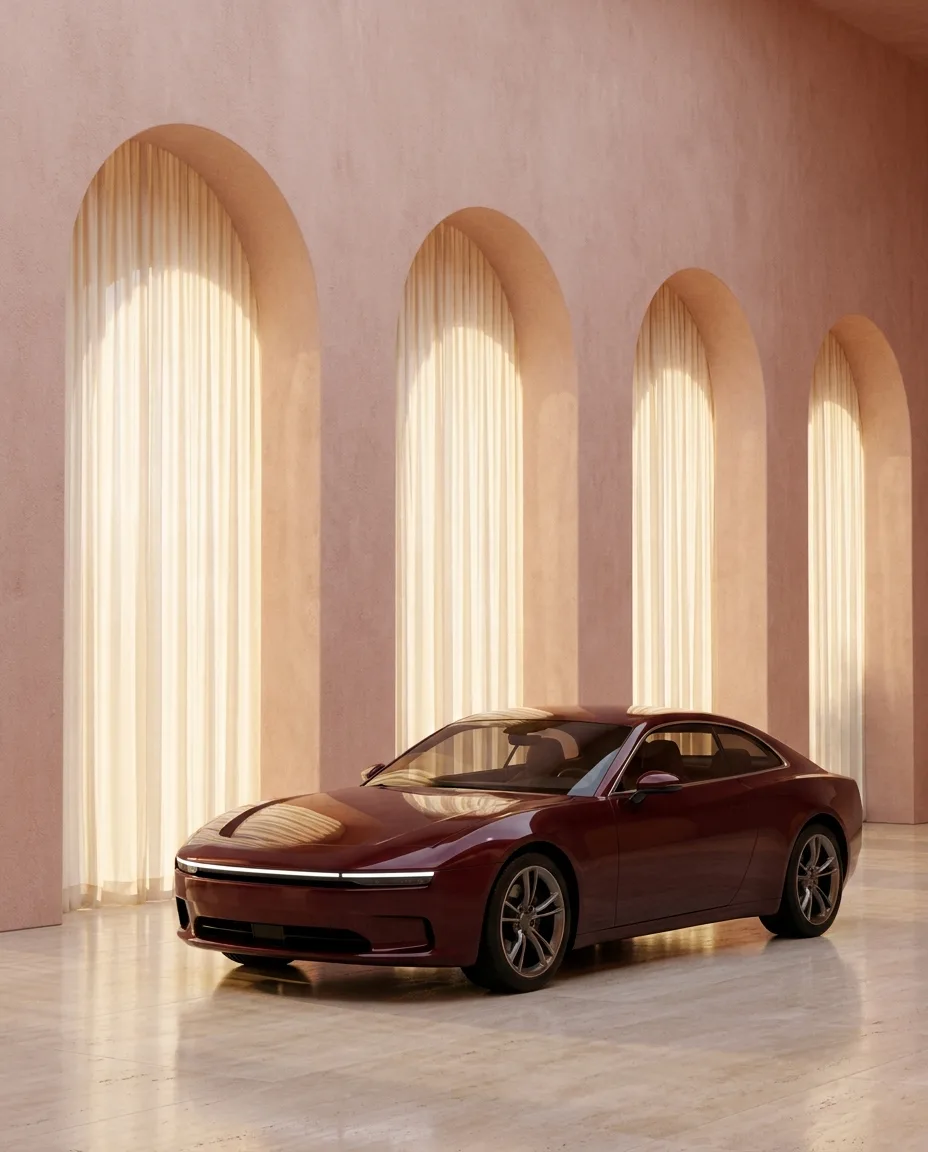 Coupé grand tourisme bordeaux sous une enfilade d’arches, lumière de fin de journée